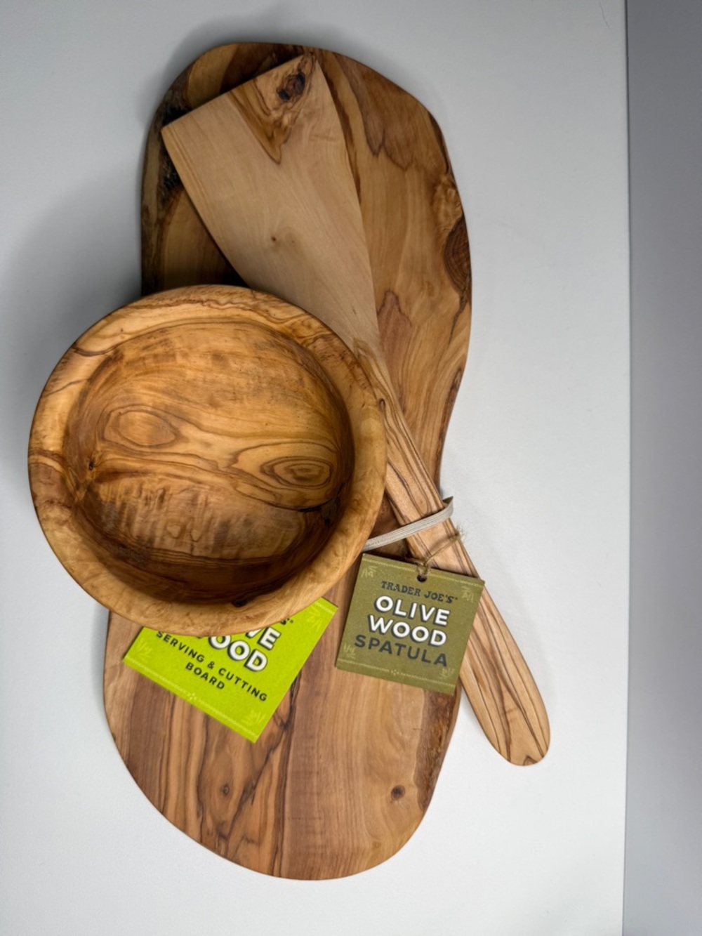 Trader Joe's Olive Wood Serving & Cutting Board with Spatula and bowl